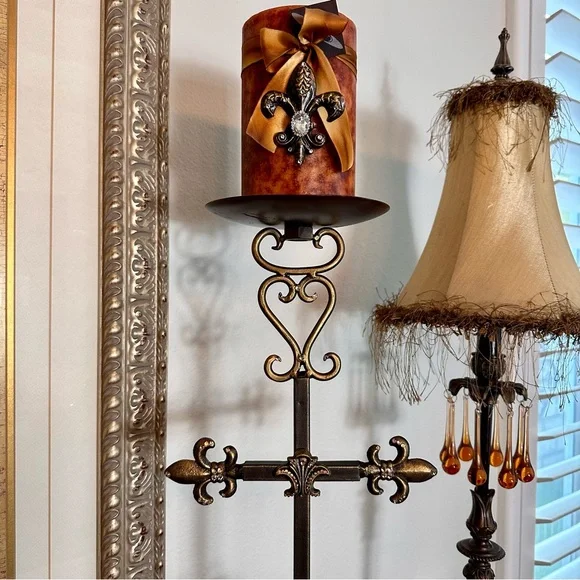 Bronze Fleur de Lis Candle Holder with Intricate Scrollwork